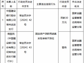 建设银行常州武进支行被罚30万元：固定资产贷款用途真实性审核不到位