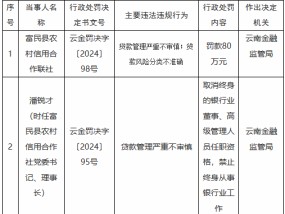 富民县农村信用合作联社贷款管理严重不审慎 时任理事长被取消高管任职资格并禁业终身